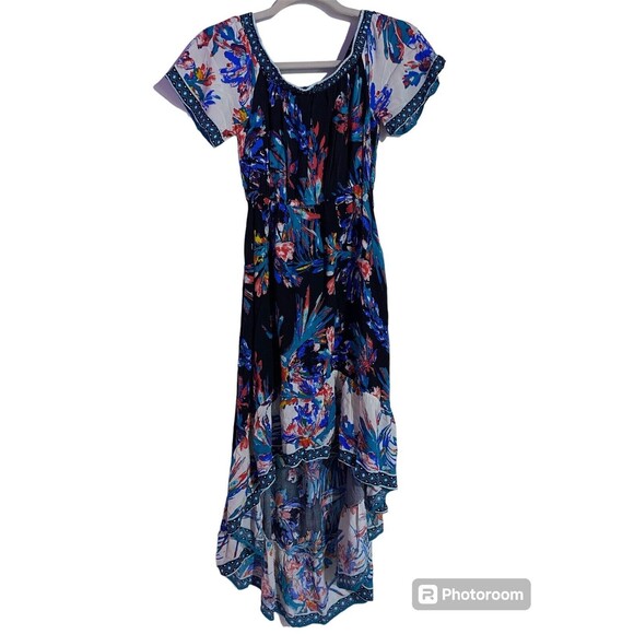 Flying Tomato Dress S Blue Pink Floral Feminine Maxi High Low Off Shoulder Boho - Picture 1 of 13